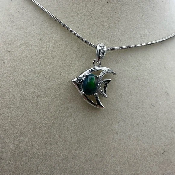 Silver Fish Pendant Necklace with Opal on Chain - Picture 8 of 9